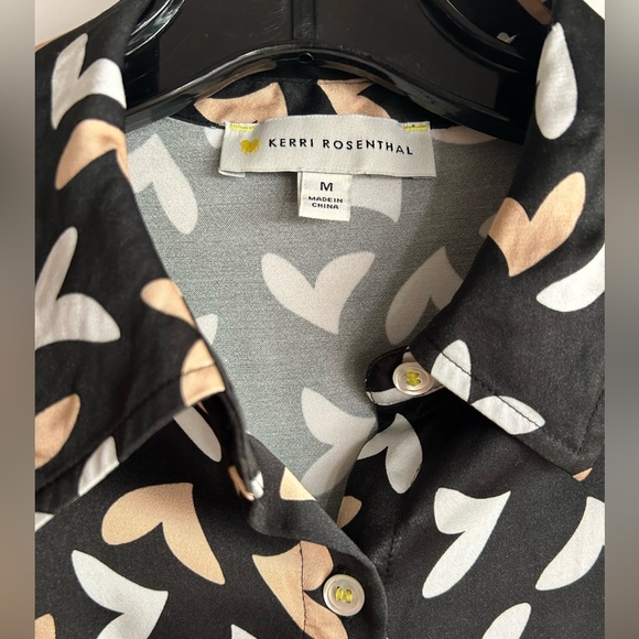 Kerri Rosenthal Black silky Button down with white and tan hearts - Picture 2 of 5